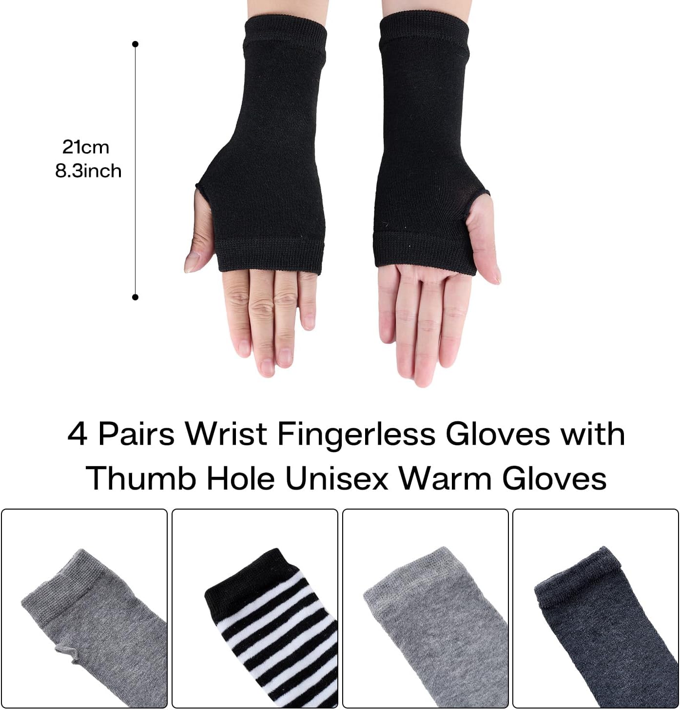 Sucrain 4 Pairs Fingerless Gloves with Thumb Hole Wrist Warmers Half Finger Typing Gloves for Women Men