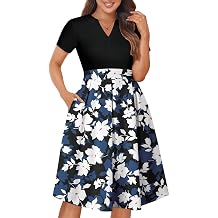 YATHON Womens Elegant Print Notched Neck Slant Pocket Pleated Hem Casual A-Line Dress