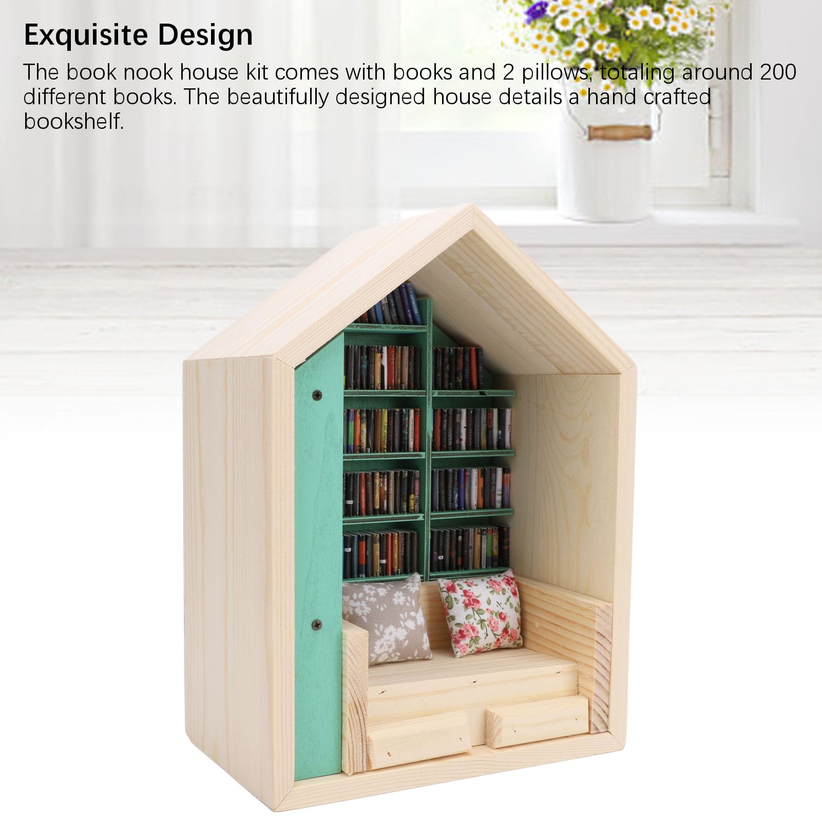 Duokon Bücherregal-Minihaus-Set, Winziges Haus-Set aus Kiefernholz mit 200 Buchdetails, 2 Kissenornamenten, Dekoratives Bücherregal, Akzent für Schlafzimmer, Arbeitszimmer, Schreibtisch,