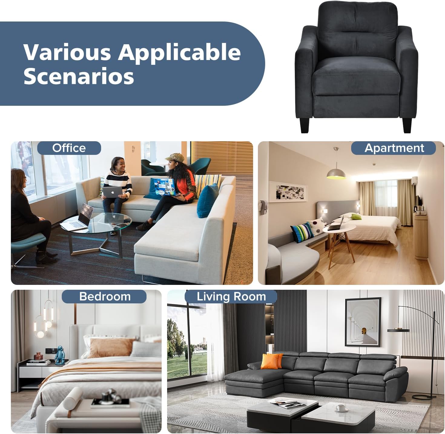 32.1”One Seat Comfortable Velvet Sectional Sofa Chair with Solid Wood Frame,Lounge Single Couch,with/Tapered Legs & Straight Arm Design,for Living Room,Bedroom,Office,Black