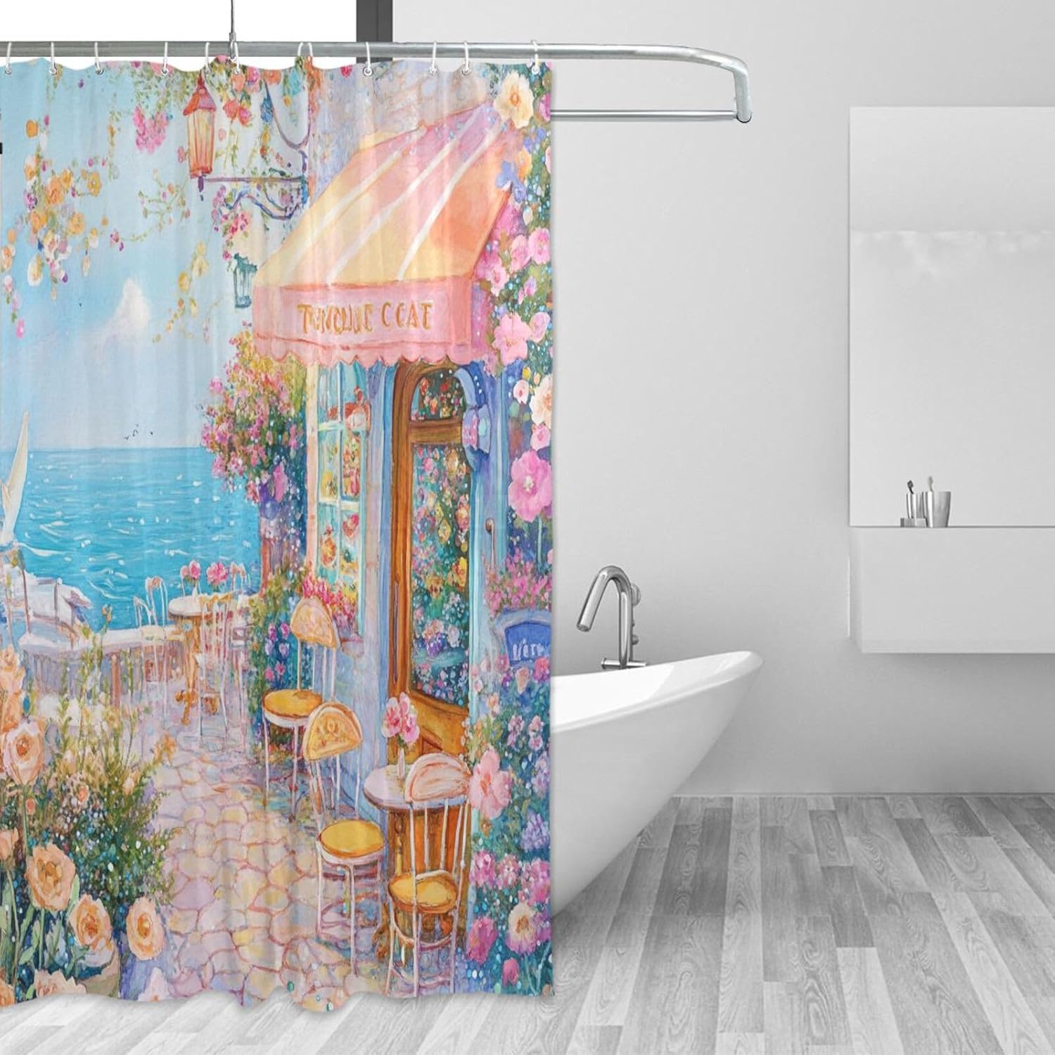 66x72 Inch Water Resistant Printed Shower Curtain with Hook Beach Colloge Coffee Store Polyester Resistant Washable Simple Shower Curtain Liner for Decor Shower