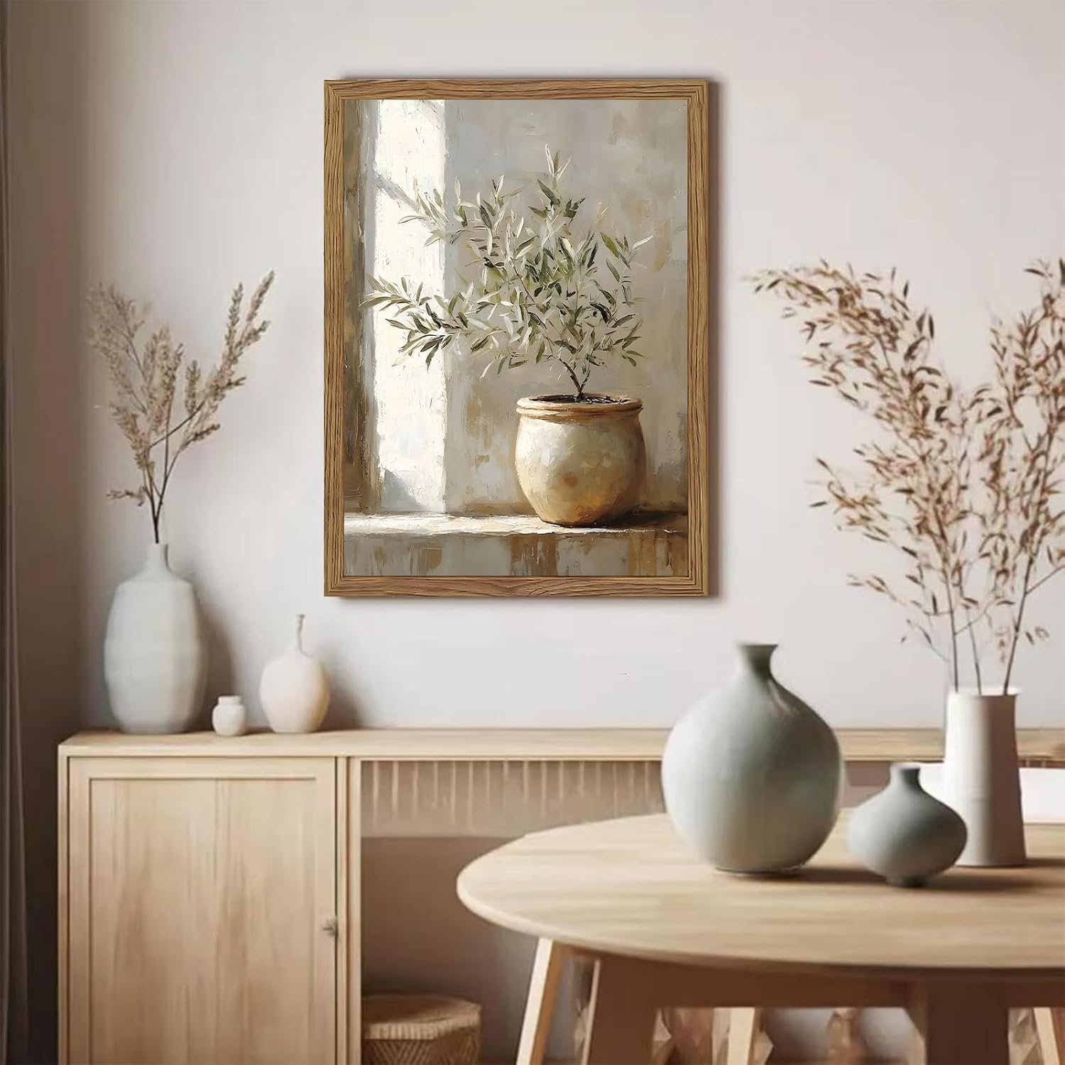 Vintage Framed Olive Tree Canvas Wall Art, Neutral Botanical Pictures Wall Decor, Rustic Potted Plant Paintings Prints, Organic Modern Farmhouse Artwork for Living Room Bedroom 16x24 Inch