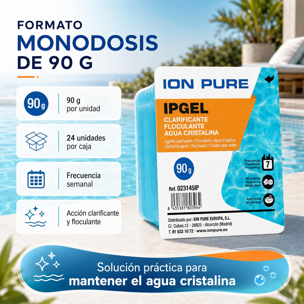 IPGEL Gel Floculante y Clarificante para Piscina, Monodosis de 90 g, Pack de 12 Unidades, Tratamiento Semanal, Apto para Todo Tipo de Piscinas