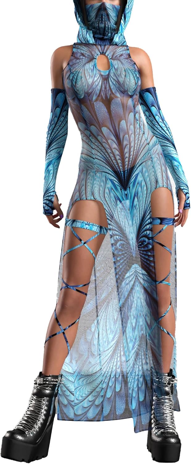 Women’s Peacock Cyber Mesh Dress – Futuristic Cutout Bodysuit with Sheer Skirt and Arm Sleeves for Festival & Rave