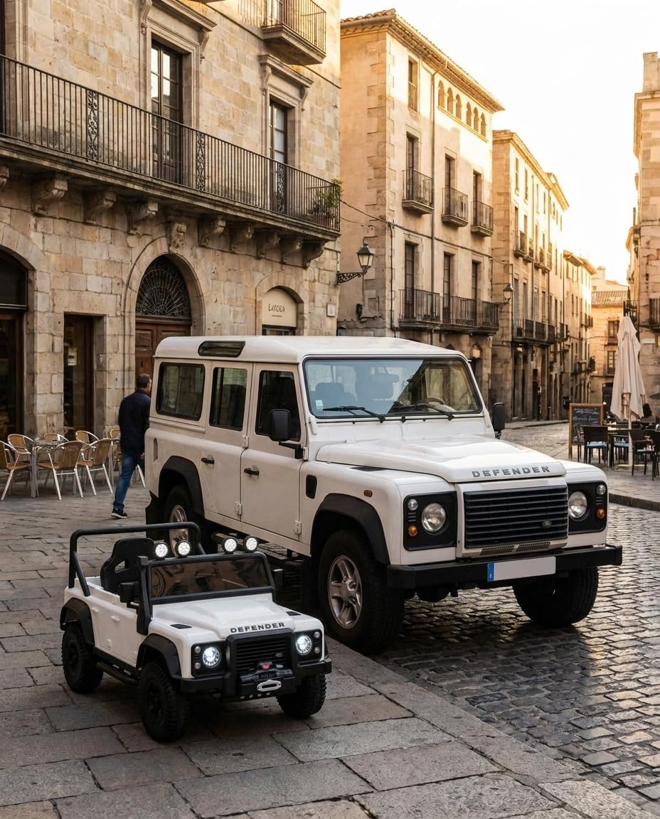 4x4 électrique enfants 12V Land Rover Defender 110 SVX, Blanche, transmission, batterie lithium, voiture électrique enfants télécommande 2,4 GHz, USB/Aux/Bluetooth, phares LED, 3-7 ans, 4x 25 W moteur
