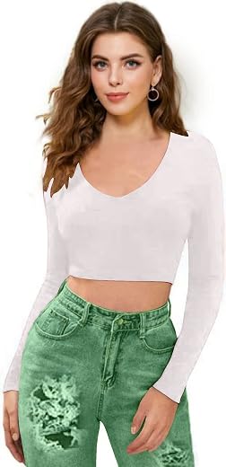 Dream Beauty Fashion Women's Full Sleeve V-Neck Crop Top (T-Baati White-M)