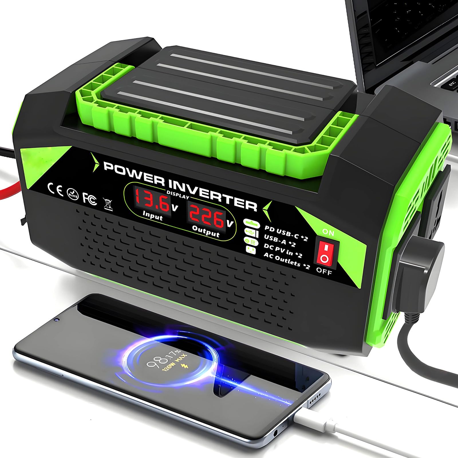 Falownik 300 W 12 V do 220 V Falownik samochodowy do systemów solarnych/domu/na zewnątrz/kampera/kempingu z 2 gniazdami AC, 2 USB, 2 typu C,300W-12V-to-220V