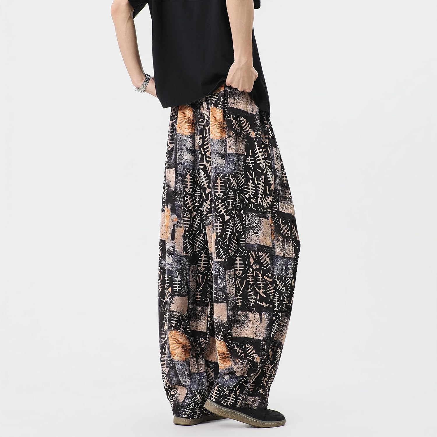Men's Fishbone Print Wide Leg Pants Boho Tribal Baggy Vacation Beach Trousers