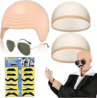 Latex Glatze Maske, Latex kahle Kappe, Elastische Haarnetz, Kühle Sonnenaugen 15 Stück Schwarz Fake Bart, Party Kostüm Glatzenkappe Halloween Cosplay für Herren Rollenspiele Karneval Fasching Pitbull