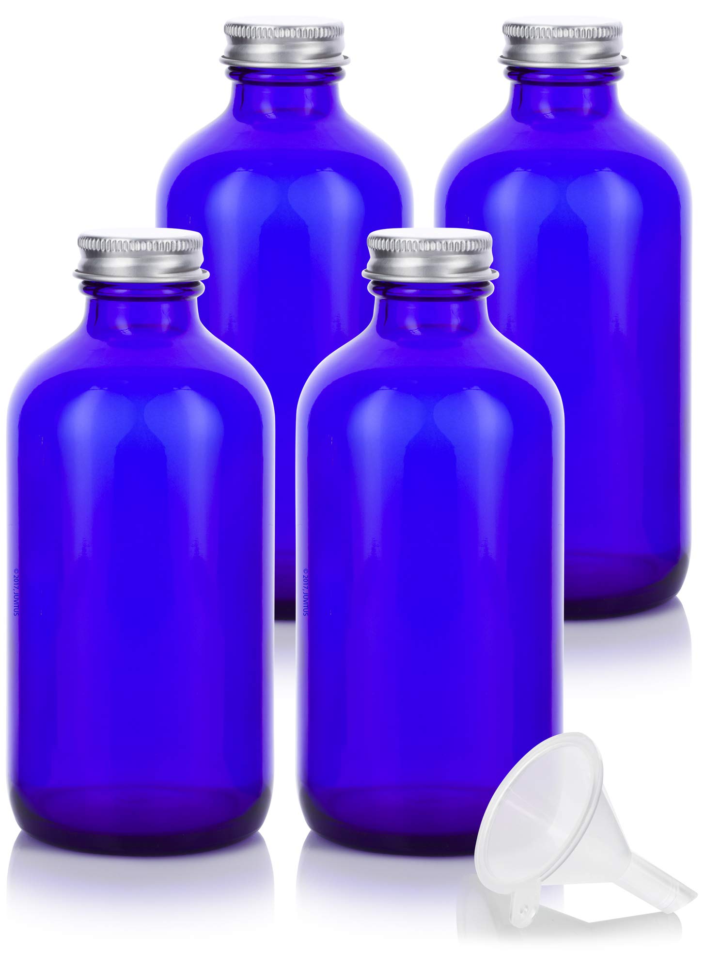 JUVITUS 8 oz Cobalt Blue Glass Boston Round Bottle with Silver Metal Screw On Cap (4 Pack) + Funnel