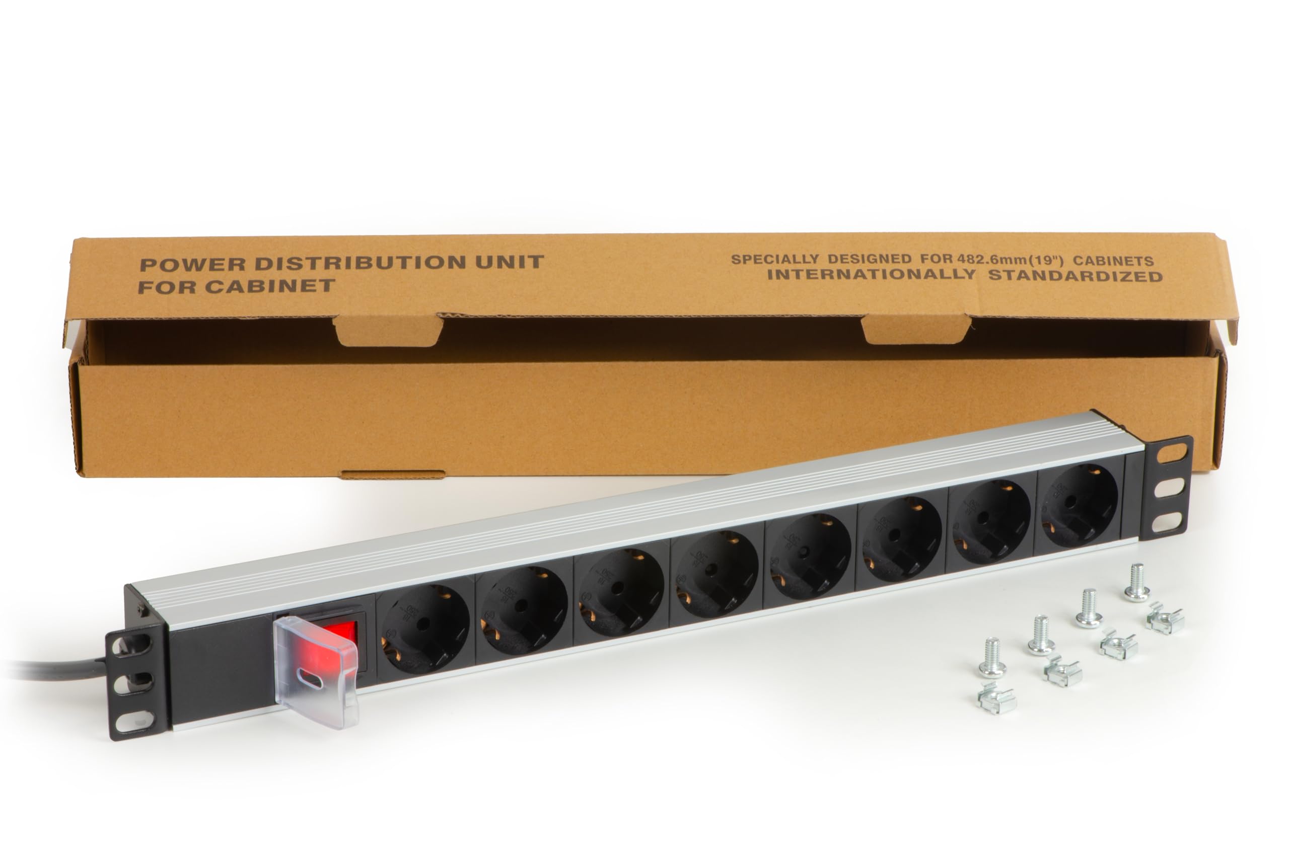 Link LKMP08S – Mehrfachsteckdose 19 Zoll (39 cm) mit 8 Schuko-Steckdosen mit Schalter Schuko-Stecker 16 A – umkehrbare Netzteile 180°