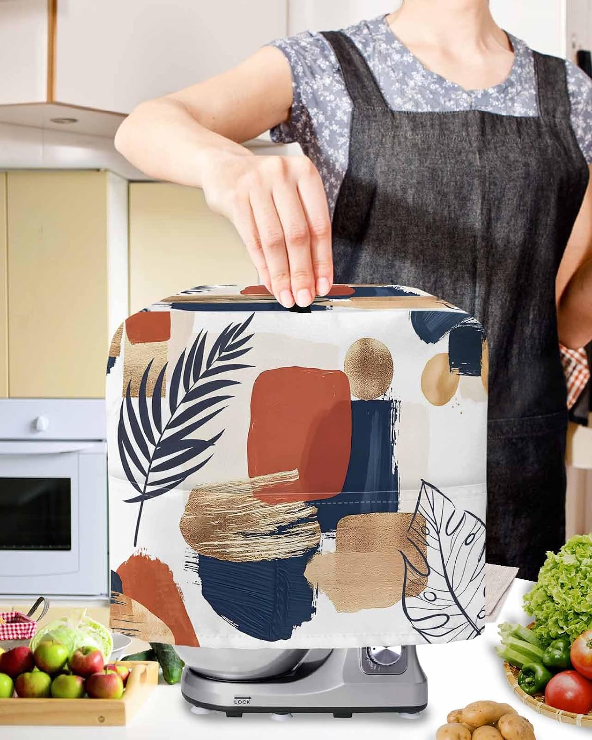 Boho Stand Mixer Cover with Storage Pocket, Waterproof Kitchen Mixer Covers, Middle Century Leaves Minimalist Abstract Bohemia Kitchen Appliance Dust Cover Compatible with 6-9 Quart Mixers
