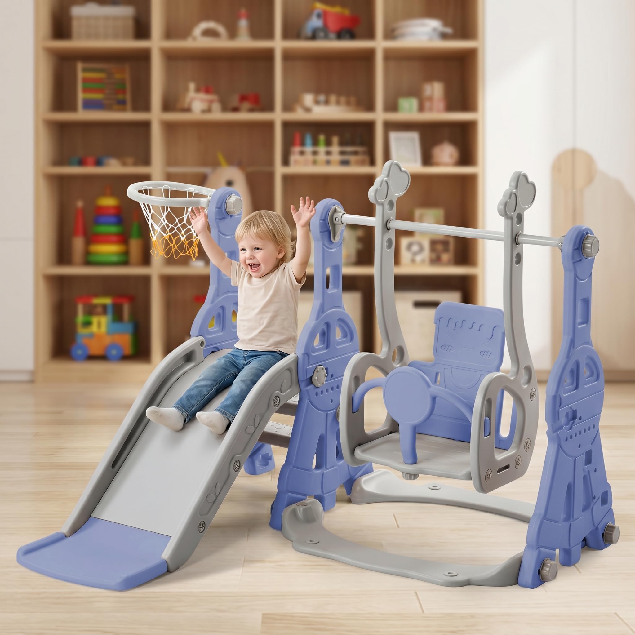 Tobogán al aire libre infantil, 4 en 1 columpio con tobogán con toboganes, escaleras, columpios y cestas de baloncesto, aplicable para niños físicos casas jardines de infancia parques (azul)