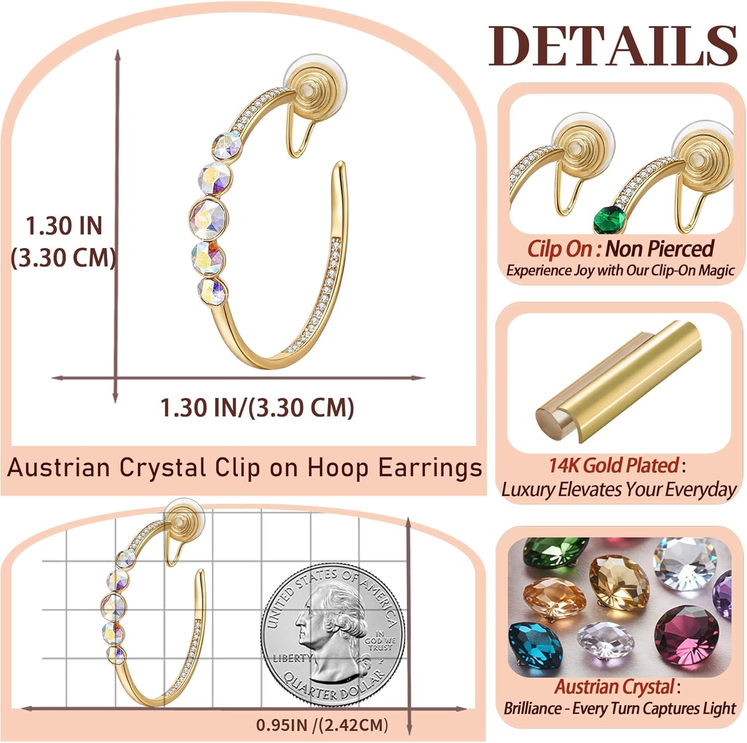 EVEVIC Austrian Crystal Clip On Hoop Earrings for Women Trendy 14K Gold Plated Hypoallergenic Half Hoops Earring Non Pierced Jewelry Gifts - Image 6
