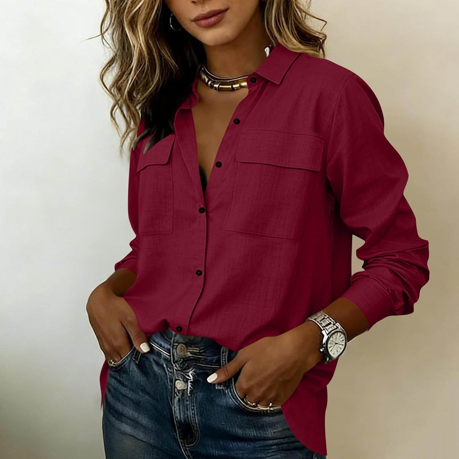 Womens Button Down Shirts Long Sleeve Dressy Lapel Collared Work Blouses Loose Fit Business Casual Cardigan Tops