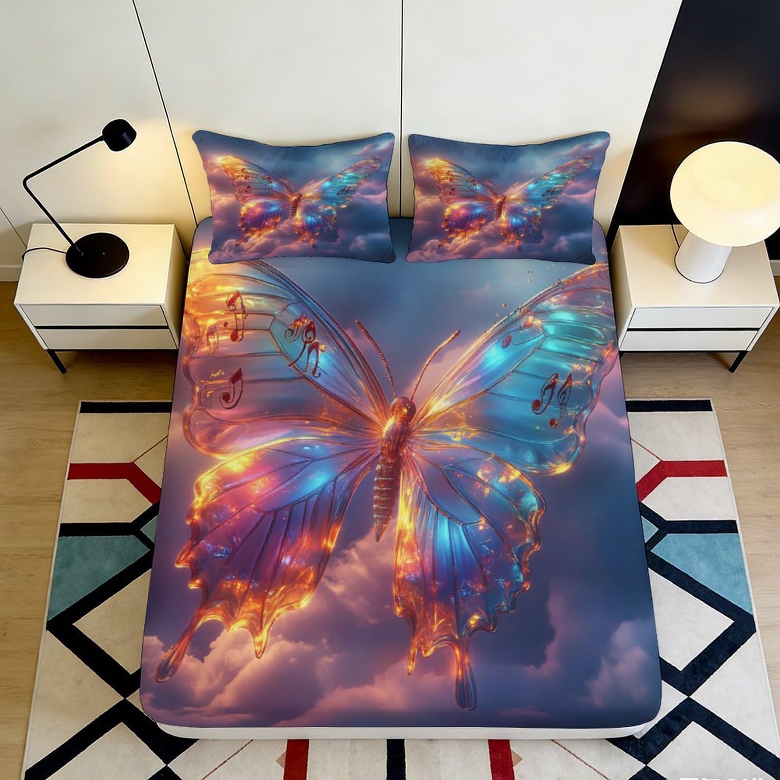 3D Printed Colorful Butterfly Fitted Sheet Microfiber Soft Breathable Musical Notes Bed Cover for Bedroom Dorm Mattress Protection Decor 160x200x25cm
