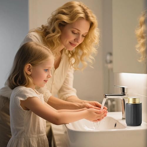 Miniatura 7 de Dispensador de jabón de cerámica de 13 onzas para cocina y baño, dispensador negro con bomba dorada de fácil prensa, dispensador de jabón líquido