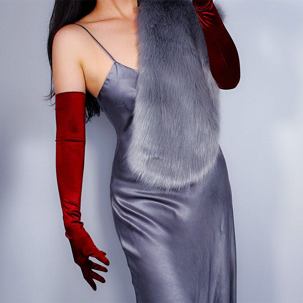 Stretchy Satin Silk Gloves 60cm 23" Opera Evening Extra Long Wine Deep Dark Red