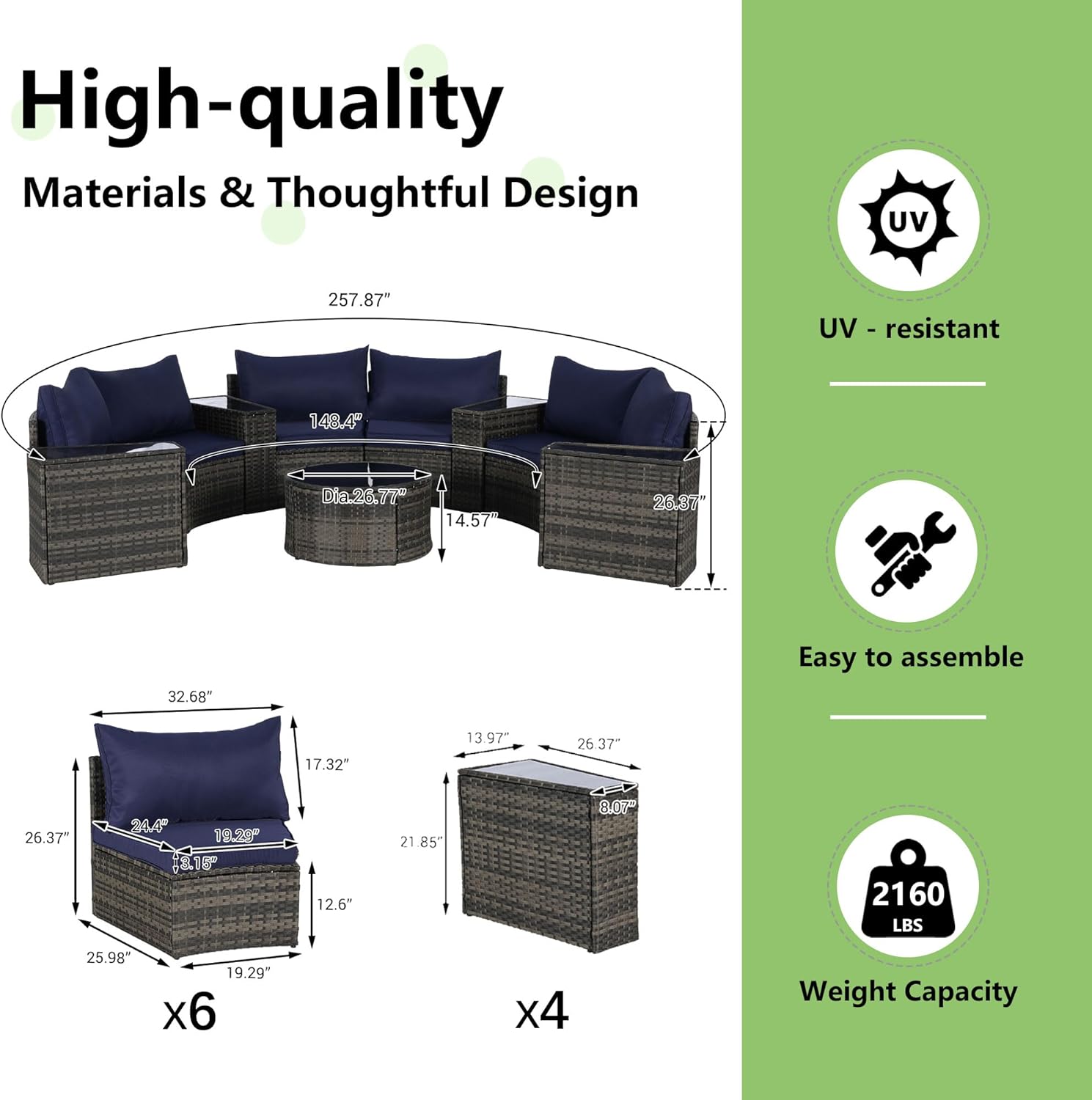 Outdoor Patio Half-Moon Furniture Set 11-Piece Sectional Round Patio Sofa Set,Wicker Curved Conversation Set with Tempered Glass Coffee Table for Porch,Backyard
