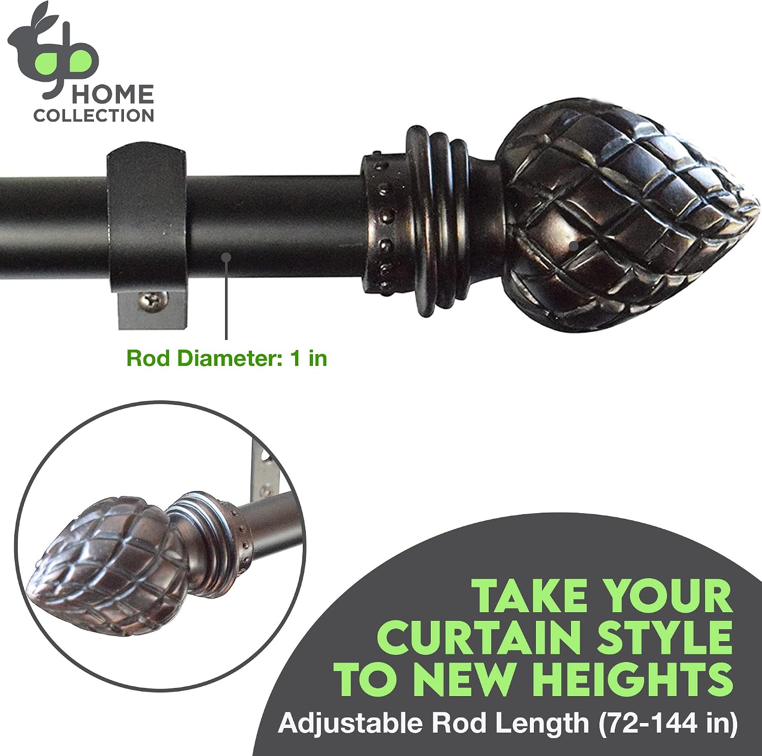 Sublime Meridian Curtain Rod, 72-144 in Adjustable Length, 1 inch Rod, Dark Brown, For Heavy Curtains, Metal Window Treatment, Hanging Drapery Rod With Extending Pole, 6-12 Feet