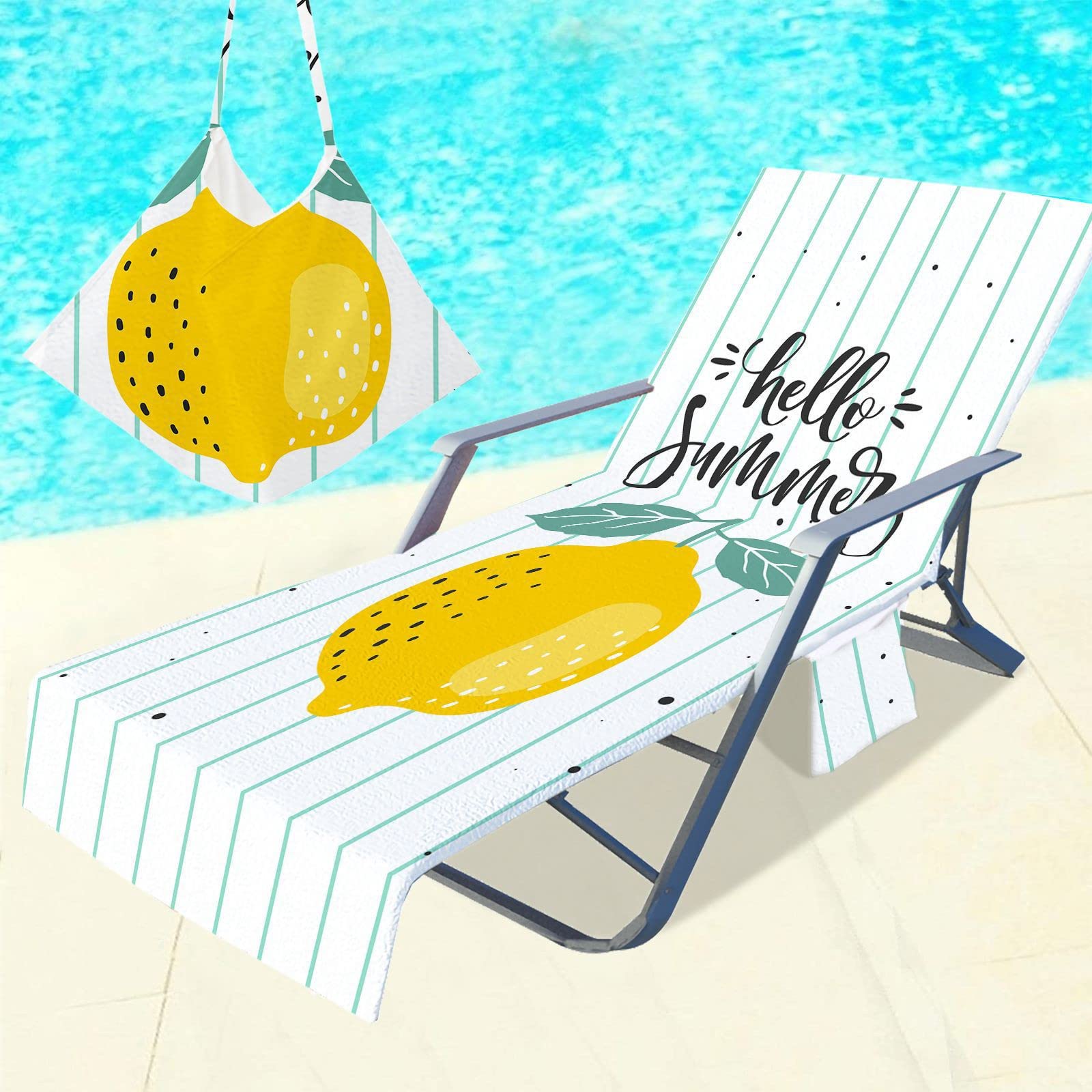 RRrawgff Beach Towel with Pockets for Loungers, Lemon Pattern Beach Chair Cover Towel Fitted Microfiber Sunbed Towel Sun Lounger Towels for Summer Outdoor Garden Pool Vacation (Summer)
