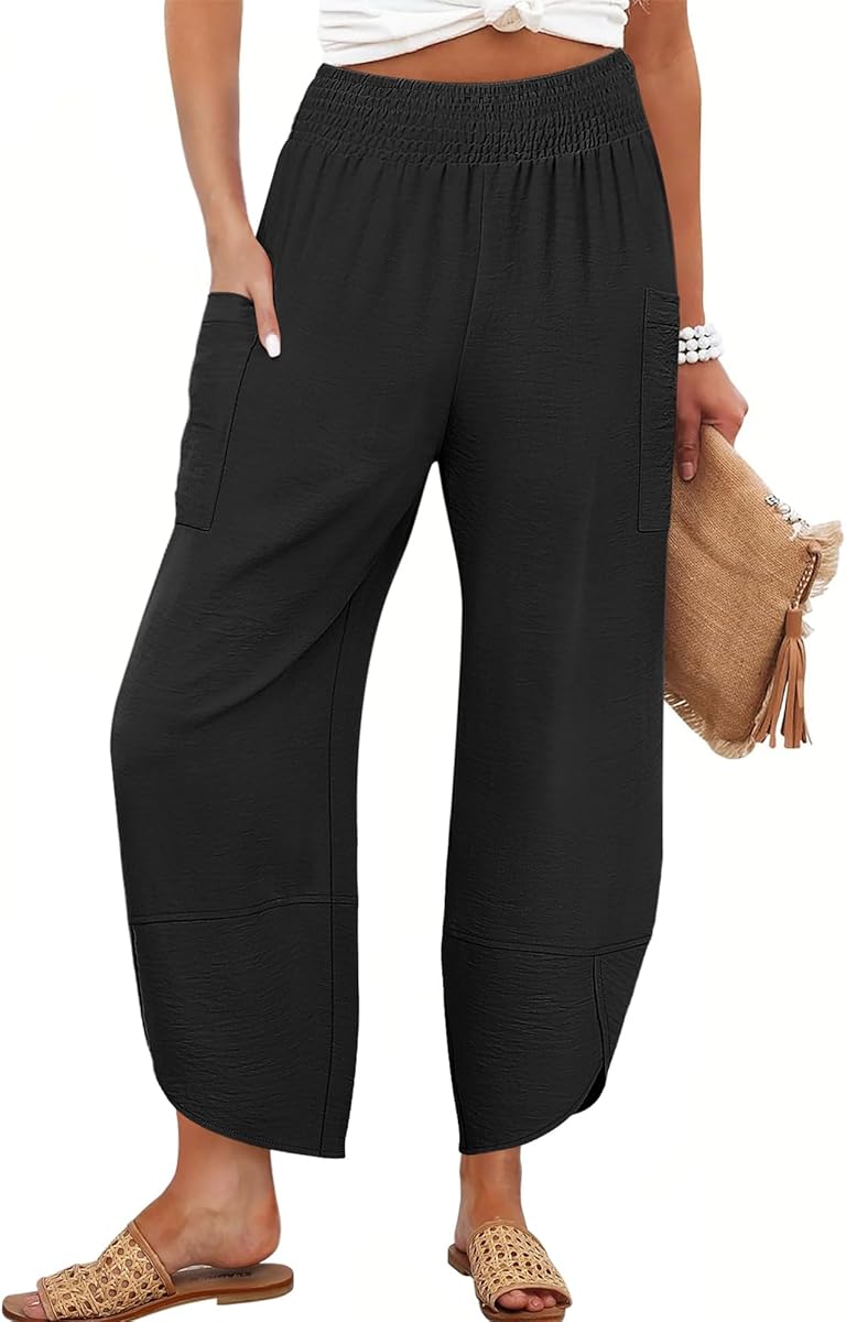 ANRABESS Womens Wide Leg Palazzo Capri Pants 2025 Summer Casual Loose High Waisted Lounge Flowy Cropped Beach Work Trousers Black Large at Amazon Women’s Clothing store