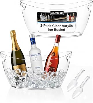 2-Pack Clear Acrylic Ice Buckets for Parties, 5.5L Drink Tubs | Shatterproof clear acrylic 5.5L ice buckets with scoops. Leak-resistant tubs perfect for parties, weddings, BBQs & events