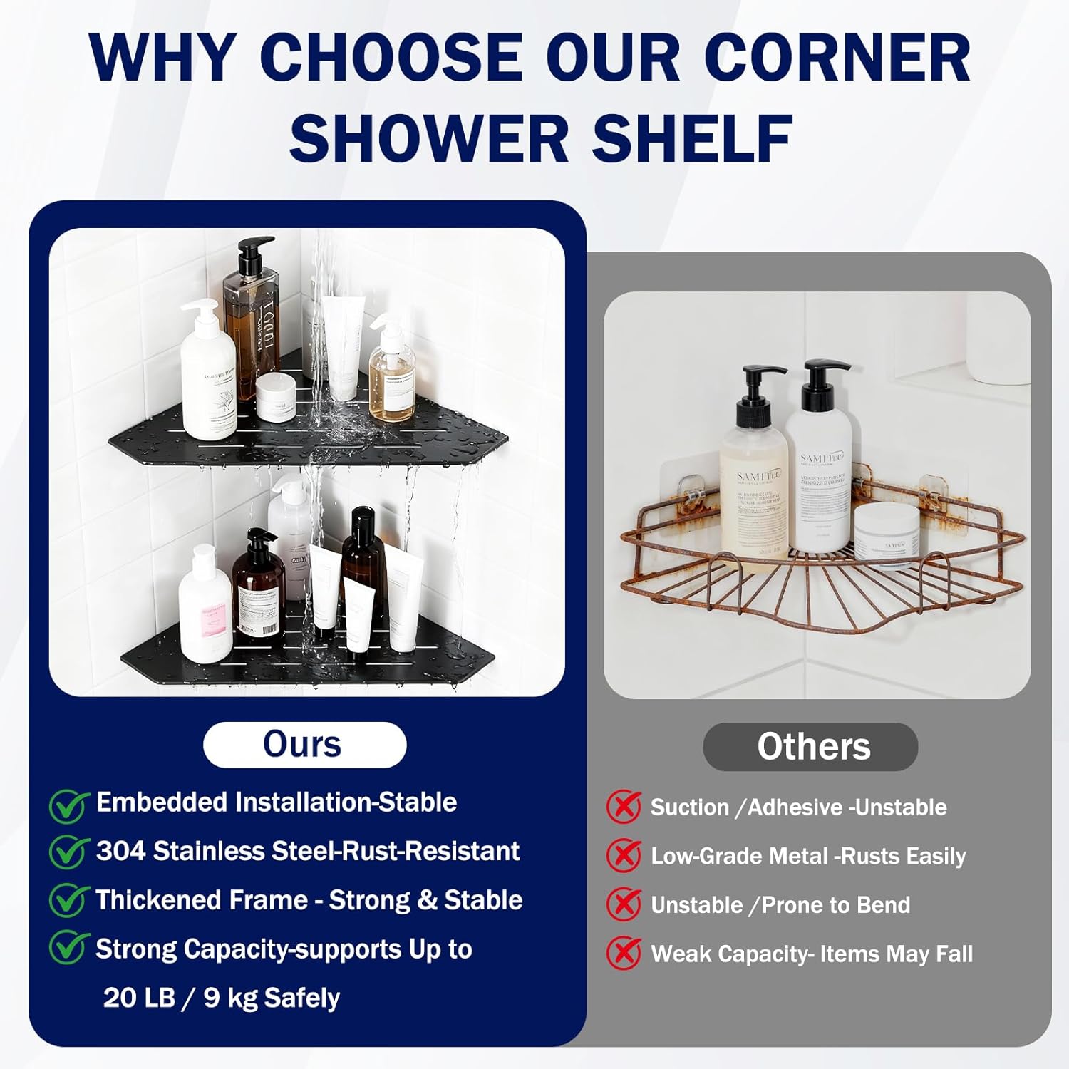 10" Corner Shower Shelf 2 Pcs Matte Black 304 Stainless Steel Diamond Heavy Duty Floating Corner Shelves Slot Design Recessed Bathroom Shower Shelf for 90° Tiled Wall, No Drilling Needed