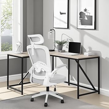 Office Computer Desk Chair, Ergonomic Desk Chair with Lumbar Support, Height Adjustable Mesh Swivel Computer Chair, Executive Office Chair with Headrest and Flip-up Armrest White