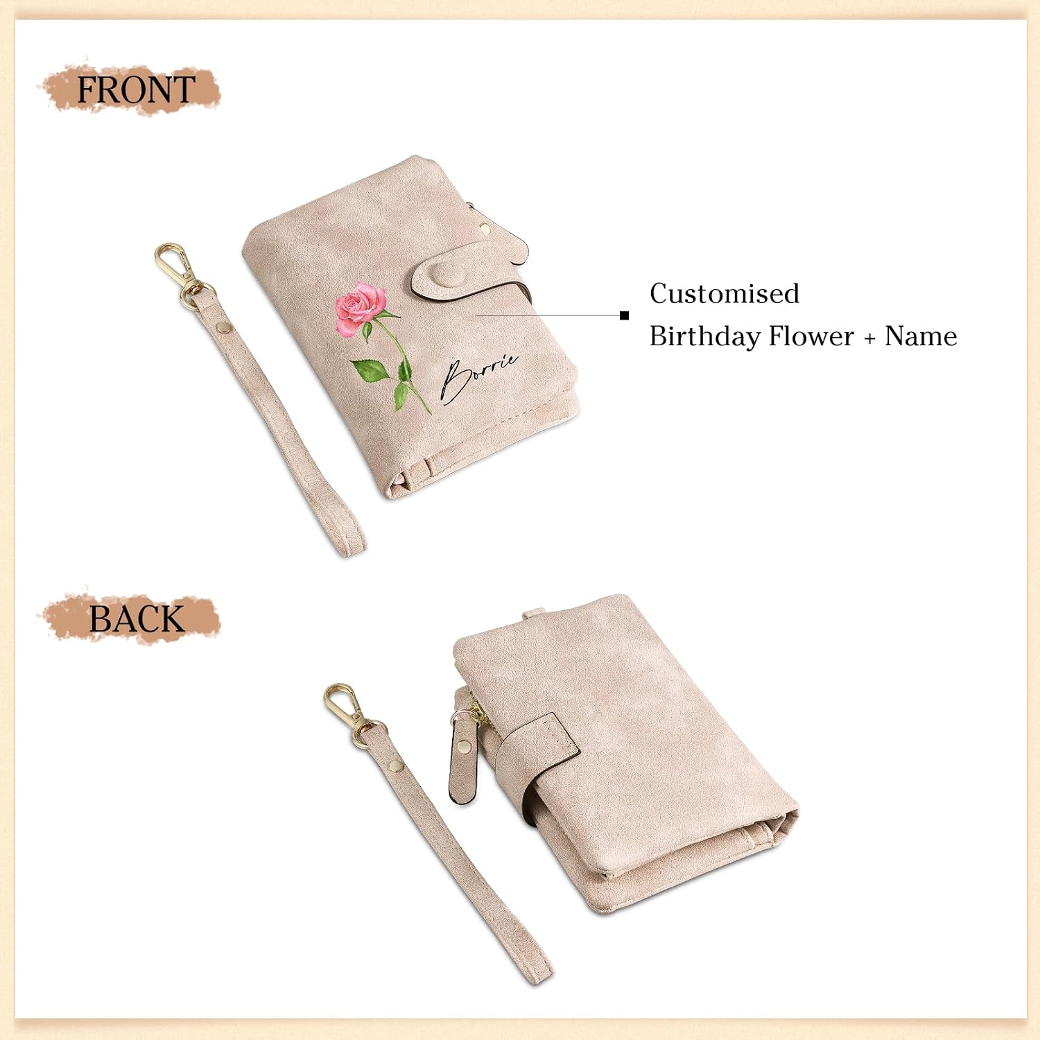 Personalized Custom Wallet with Name & Birth Flower for Women Multi Credit Card Wallet With Wrist Strap Birthday Gifts for Mom Mothers Day (Pink)