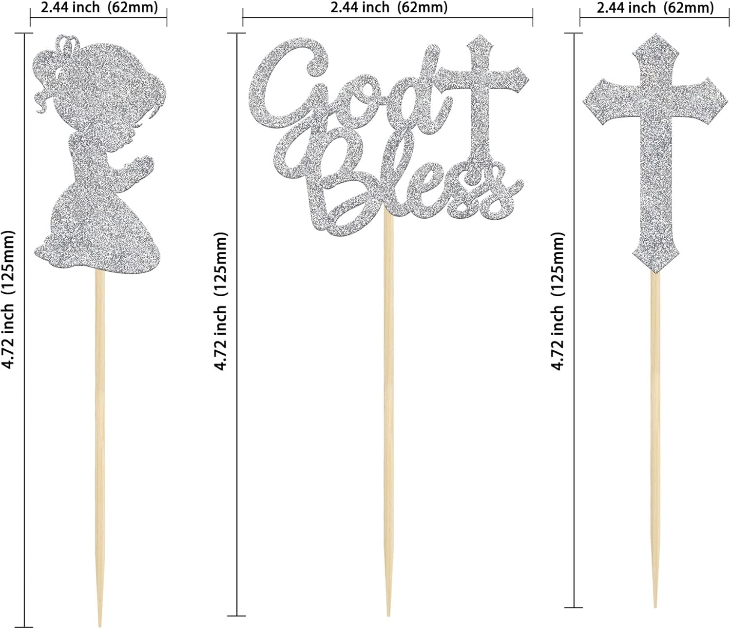 Gyufise 24Pcs Girl silver Bless and Baptism Cupcake Toppers Glitter Cross Cupcake Picks First Communion Christian Baptism Theme Party Cake Decorations Supplies Silver - Image 3
