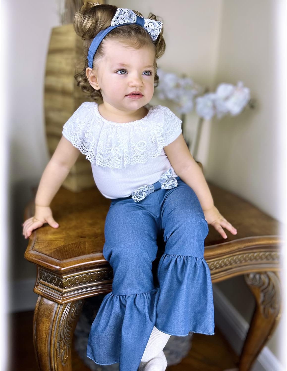 HINTINA Newborn Baby Girl Short Sleeve Bodysuit Flared Pants Ribbed Outfits - Image 2