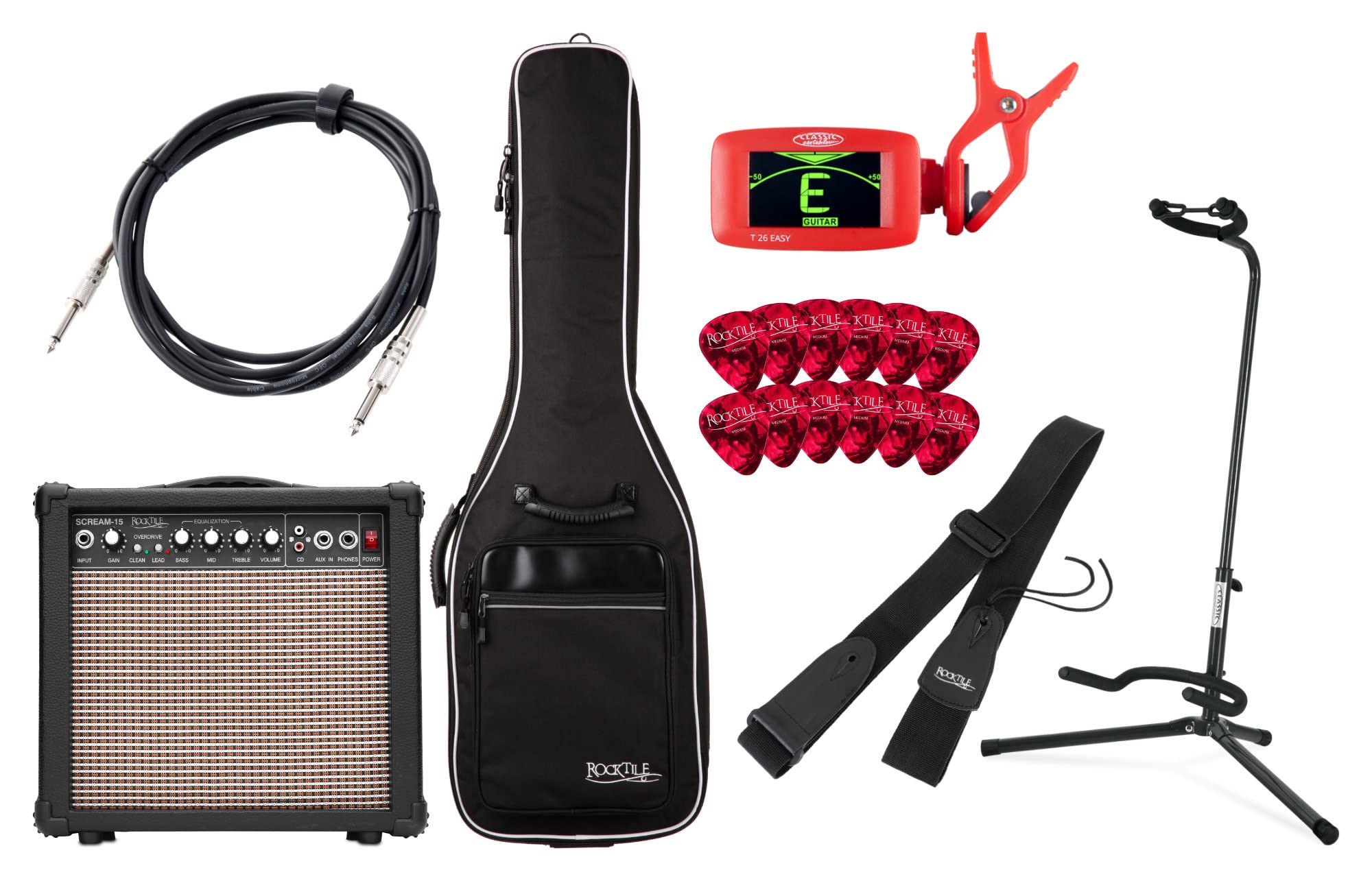 Rocktile E-Gitarren Add On Komplettset Full, Amplificatore, Controllo gain | Combo per chitarra da 15 watt, 2 canali (Clean/Overdrive), Uscita cuffie jack 6, 35 mm, Ingresso AUX jack 6, Peso: 4, 3 kg