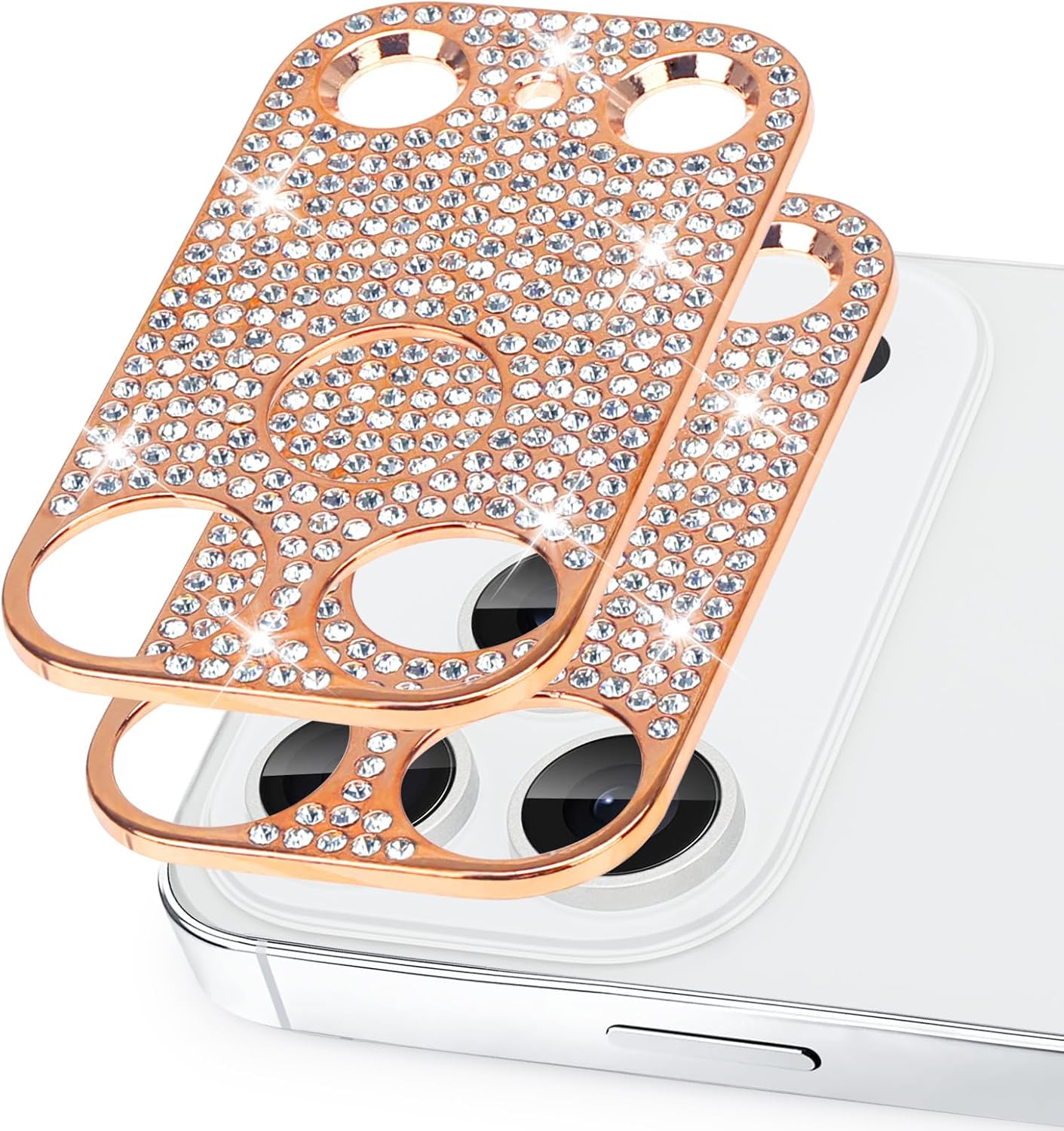 Omio [2 Pack] Compatible with iPhone 17 Pro Max Bling Camera Lens Protector Cover for Women Girls 3D Diamond Lens Case Glitter Diamond Crystal Metal Lens Decoration Cover for iPhone 17 Pro Rose Gold