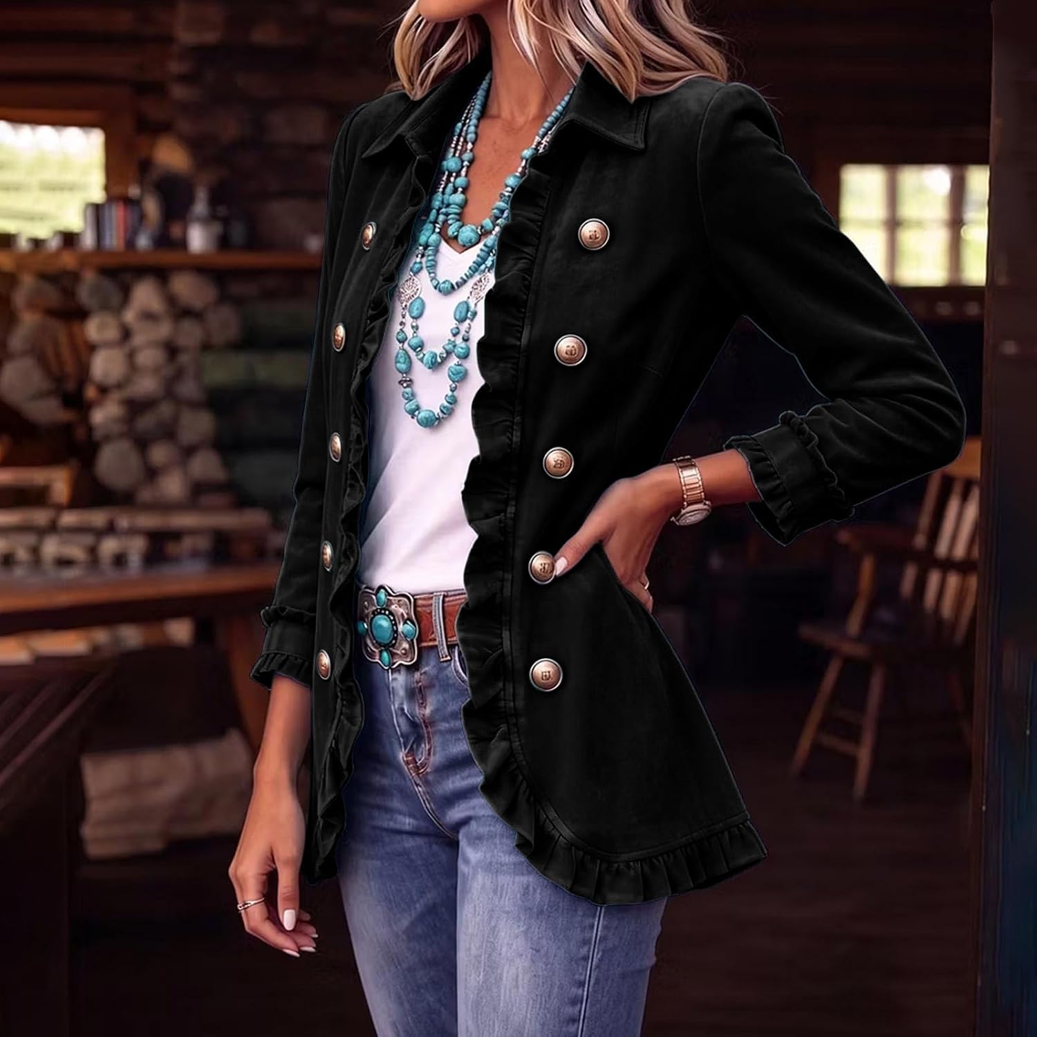 Women's Ruffle Trim Velvet Blazer Long Sleeve Western Style Jacket
