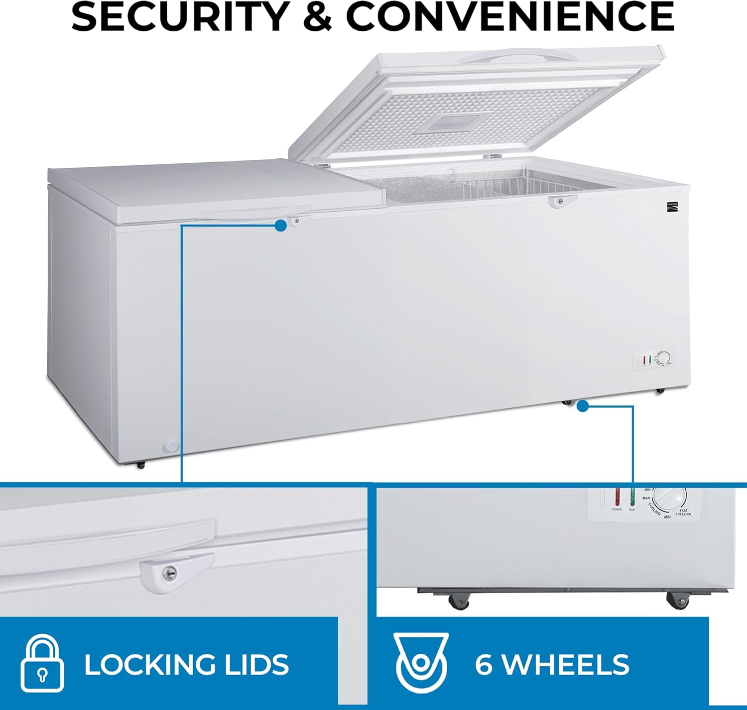 Close-up of the Kenmore chest freezer showing locking lids and wheels.