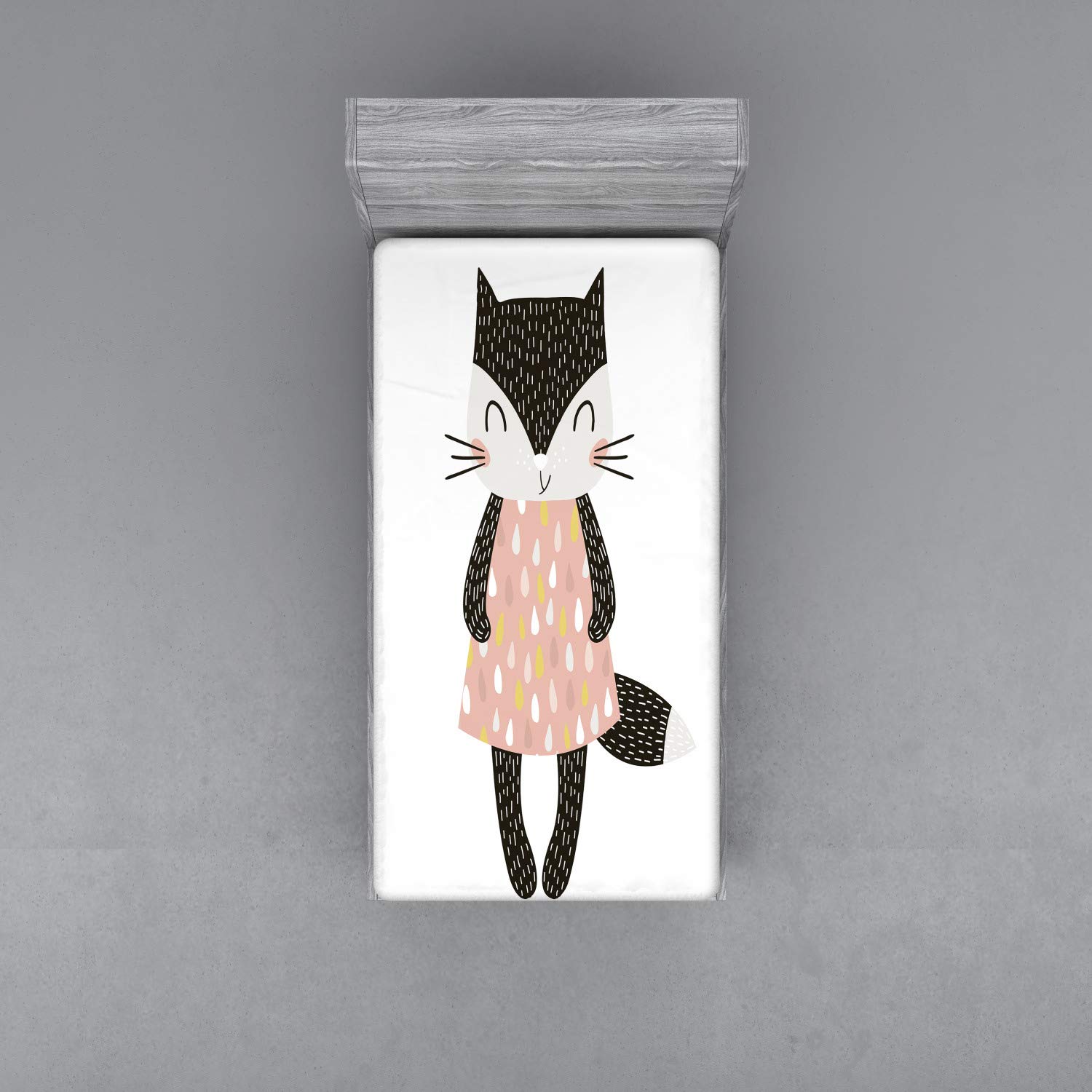 Ambesonne Cat Fitted Sheet, Feline Girl in a Raindrop Shapes Pattern Dress Hand Drawn Themed Animal, Bed Cover with All-Round Elastic Deep Pocket for Comfort, Twin XL Size, Pink Black