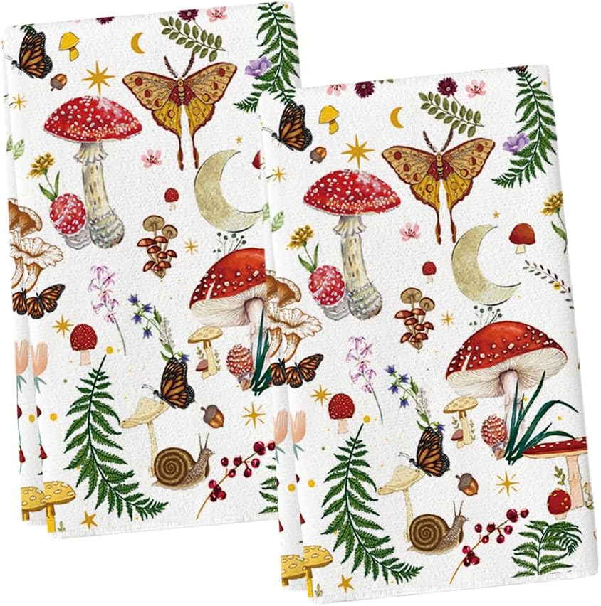 Artoid Mode Beige Modern Mushroom Kitchen Towels Dish Towels, 18x26 Inch Cute Botanic Farmhouse Decoration Hand Towels Set of 2
