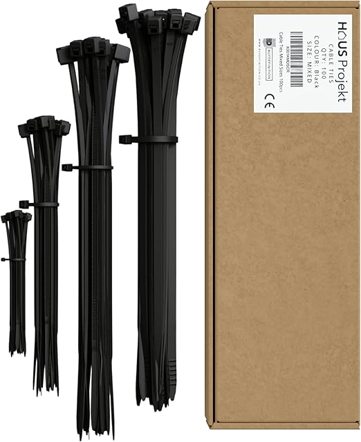 Haus Projekt Black Cable Ties Mixed Sizes 100pcs Industrial Zip Ties Black 100x2.5mm, 200x2.5mm, 300x3.6mm, 300x4.8mm Multi-Purpose Black Plastic Ties, Cable Management Wires, Garden, Tie Wraps Black