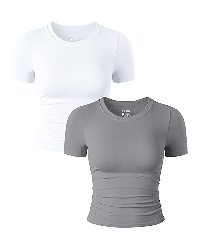 OQQ Womens 2 Piece Shirts Short Sleeve Crew Neck Ruched Stretch Fitted Tee Shirts Crop Tops - White,smoke Grey - Medium