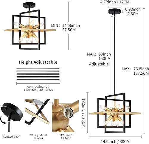 Miniatura 4 de Candelabro negro y dorado, lámpara colgante geométrica moderna de 8 luces, candelabros Sputnik colgantes industriales ajustables para comedor,