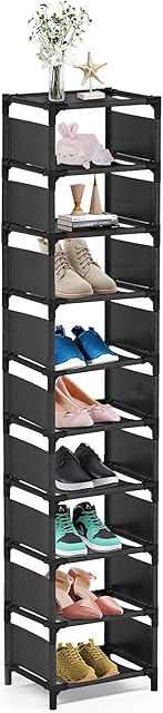 sunvito 10 Tiers Small Shoe Rack, 10 Pairs Space Saving Shoe Shelf Organizer, Tall Narrow Shoe Rack for Entryway, Closet, Living Room, Hallway