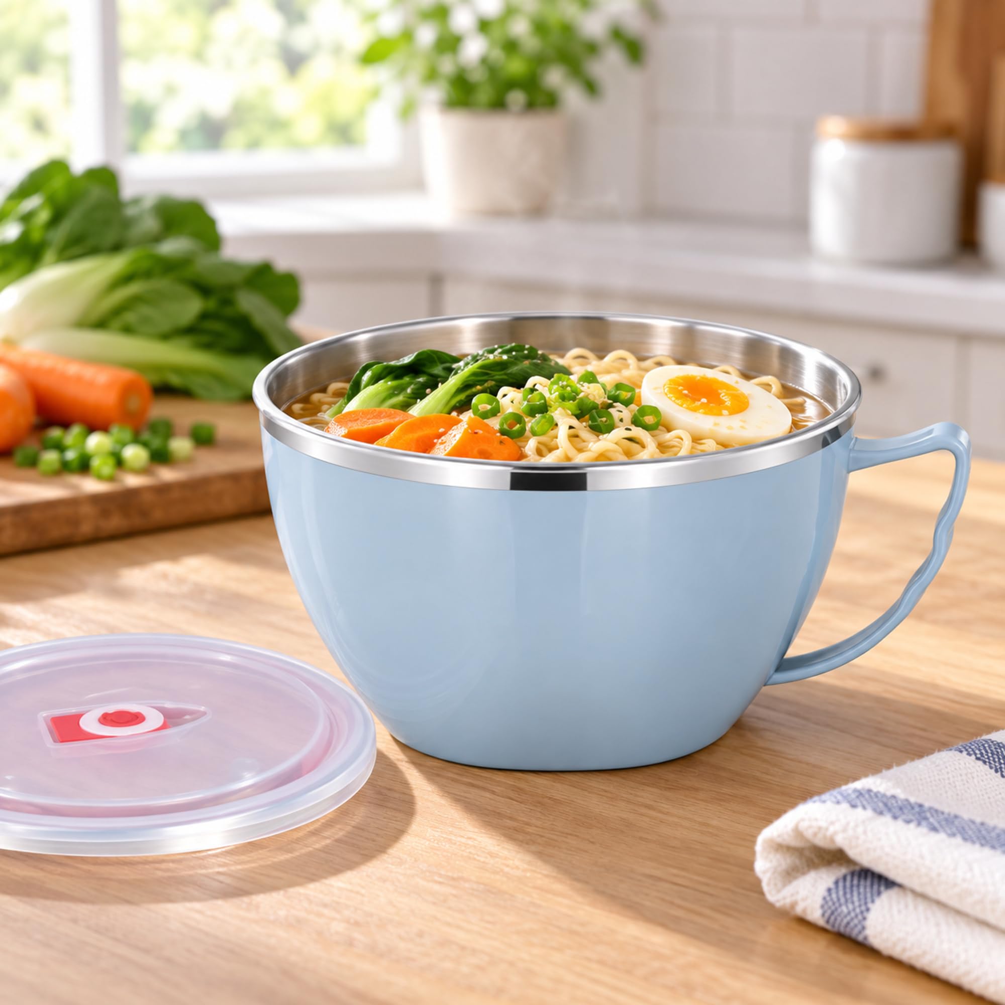 Stainless Steel Lined Noodle Bowl with Plastic Exterior and Lid for Home Dining, Packed Lunches and Everyday Meals