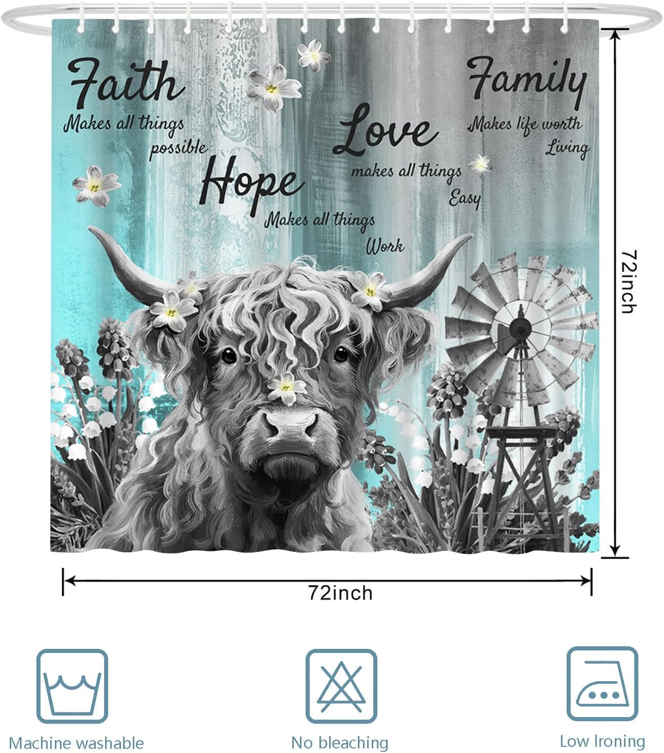 Highland Cow Shower Curtain, Faith Hope Love Family Inspirational Quotes, Rustic Farmhouse Theme with Blue Flowers and Windmill 72''x72'' (Blue)