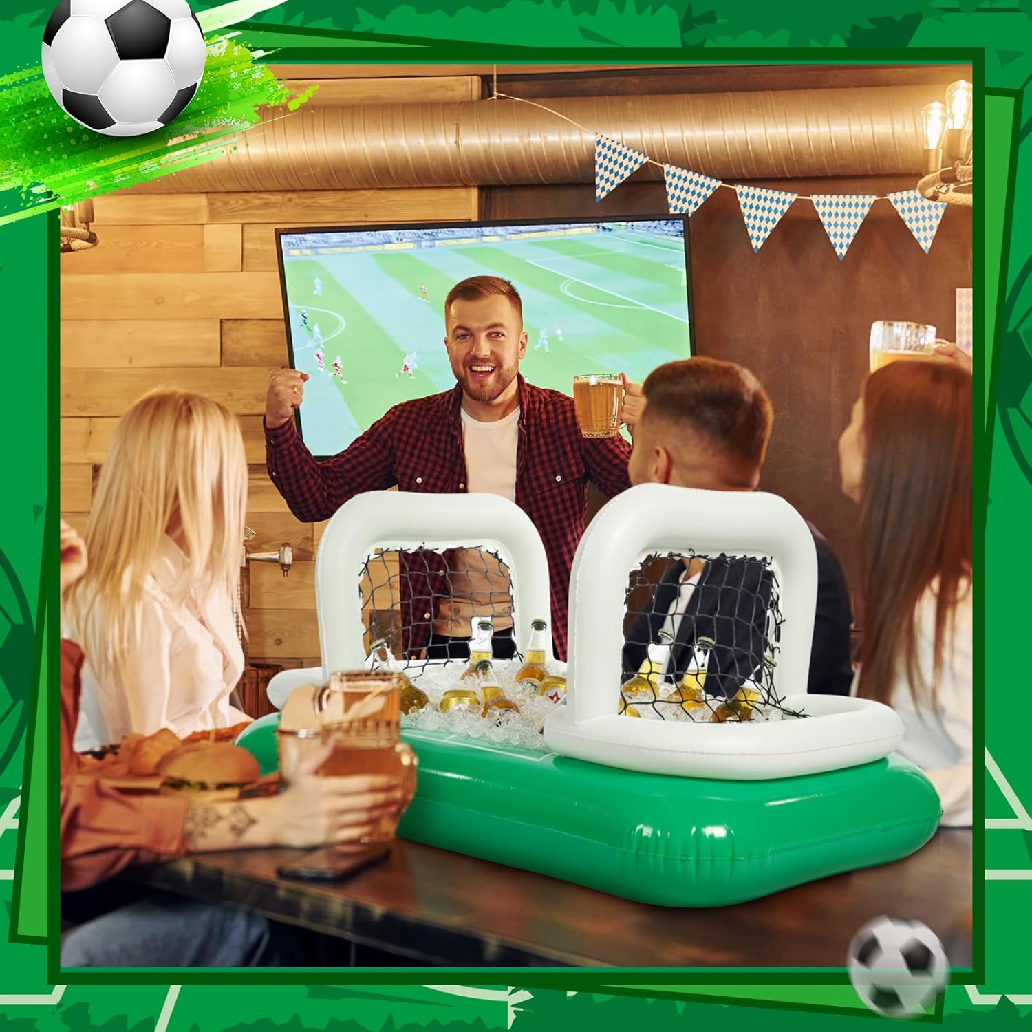 Inflatable Soccer Field Beverage Cooler with Goal Nets, Extra Large Floating Ice Drink Holder for Soccer Party, Pool Theme Party, Backyard & Tailgate Decor