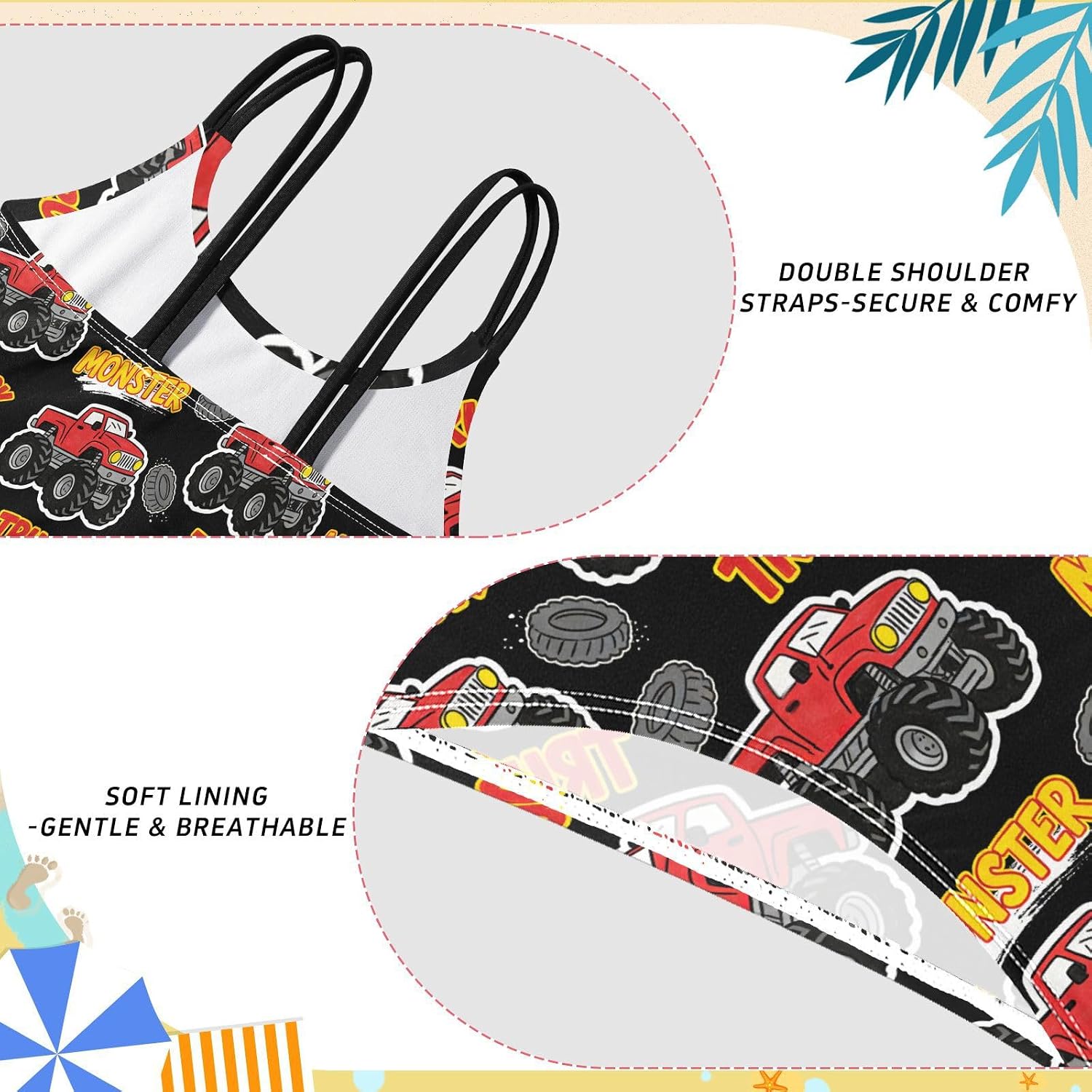 Girls Two Piece Swimsuits Red Monster Truck Black Bikini Set Swimwear Kids Bathing Suit for Girls 5-12 Years