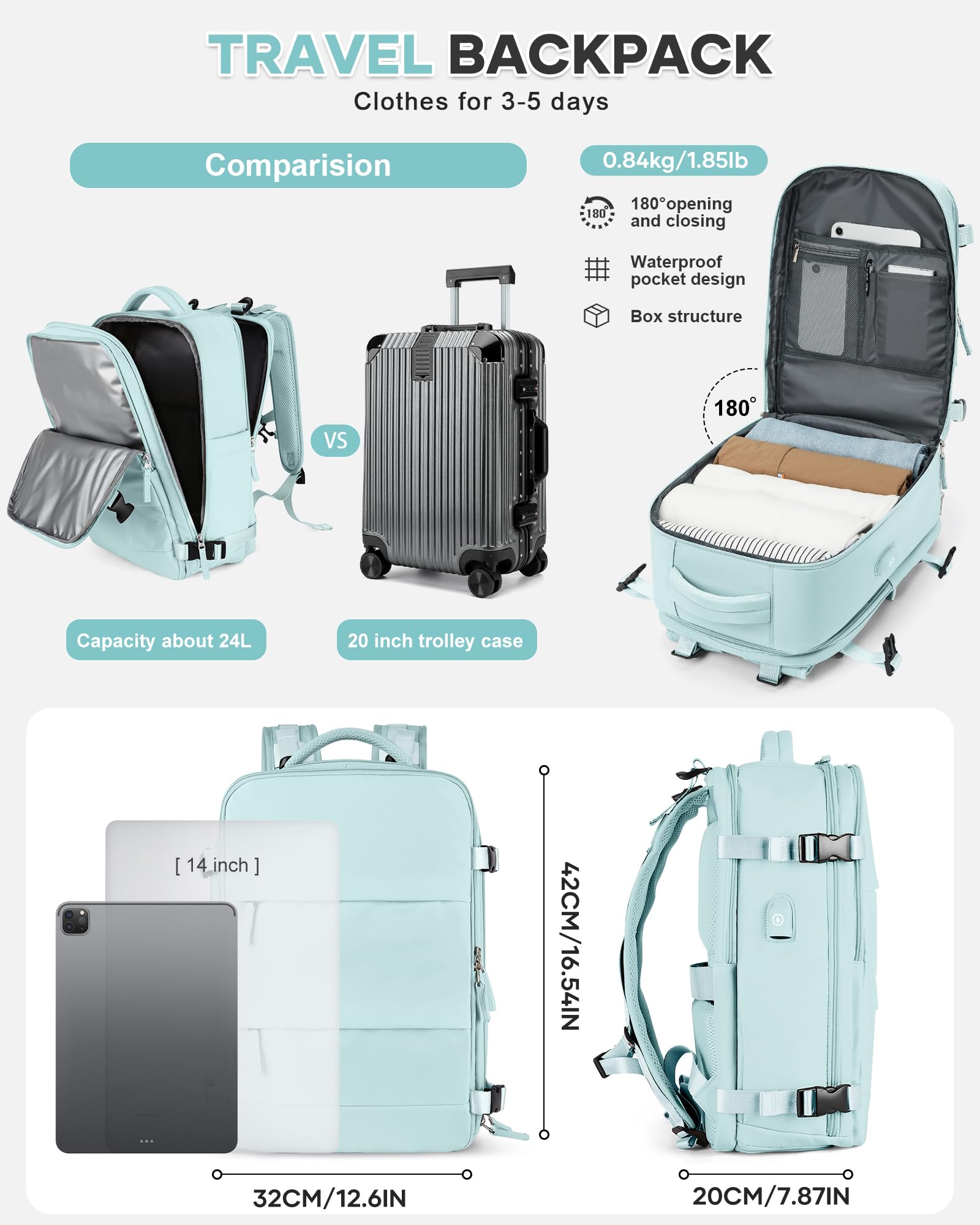 BJLFS Borse da Cabina per Ryanair 40x20x25 Bagaglio a Mano Zaino da viaggio aere,Zaino Easyjet 45x36x20,Zaino Casual per laptop da 14 pollici per scuola