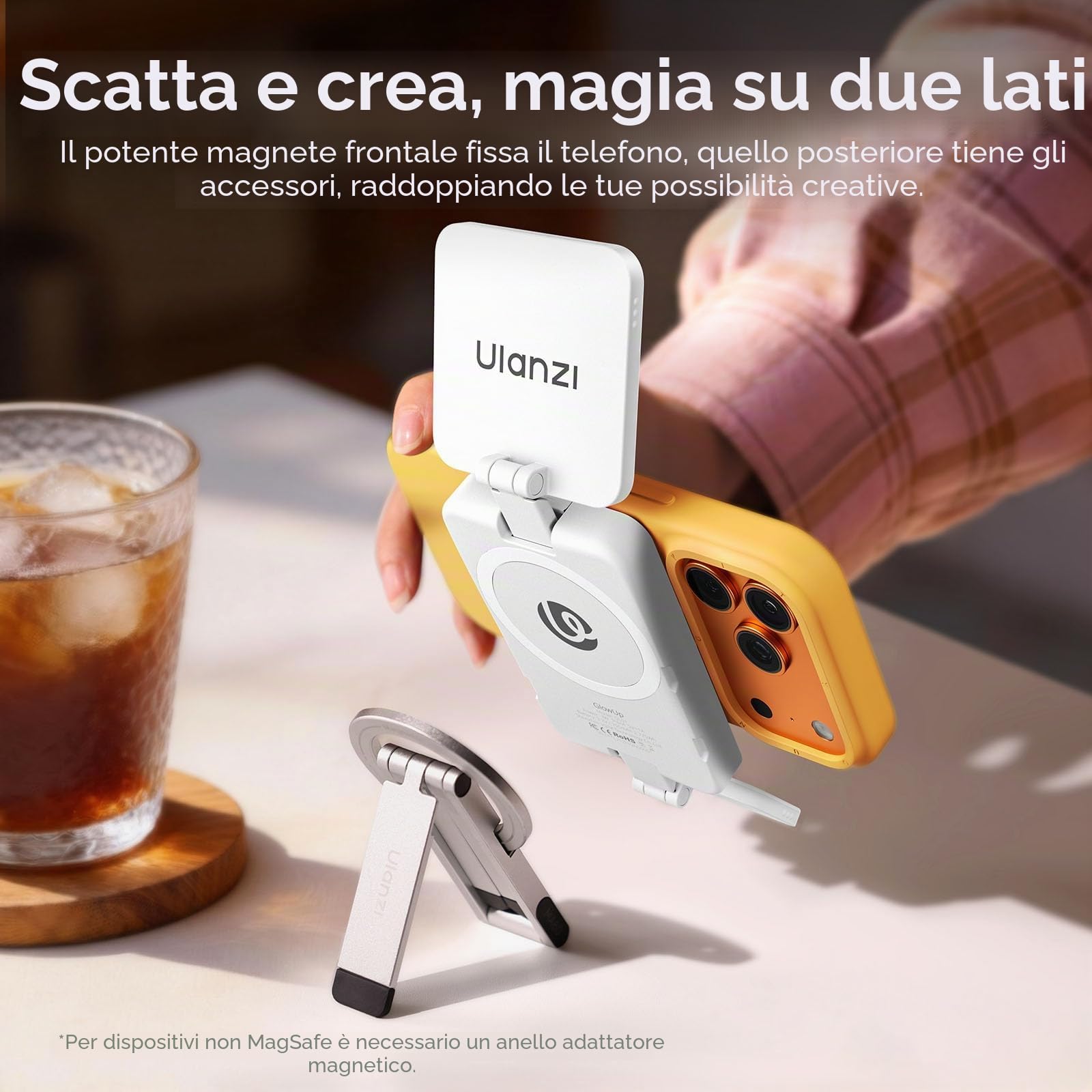 ULANZI GL01 Luce per telefono, Phone selfie light quadrati con asta regolabile a 45°, 2500K-6500K, Luce fotografica portatile per riprese nightout, Compatibile con iphone 17/16/15 non promax