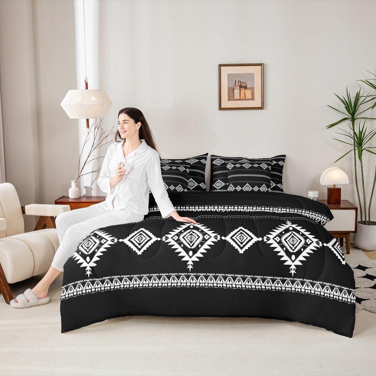 Feelyou Western 7 Piece Bedding Set Twin Size Southwestern Native Comforter Set with Sheets,Pillowcases & Cushion Cover for Boys Girls Wild West Cowboy Bed in a Bag Soft Tribal Bohemian Black