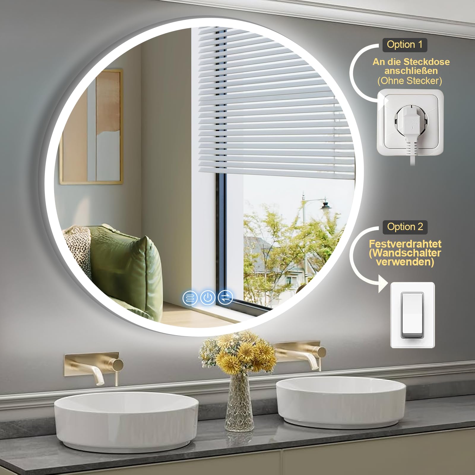 Specchio bagno con luce Rotondo 80cm, Specchio Bagno LED con Antifog, Dimmerabile, 3 Colori Luce, Memoria, HD Vetro Temperato, IP44, Specchio da parete con luce a LED